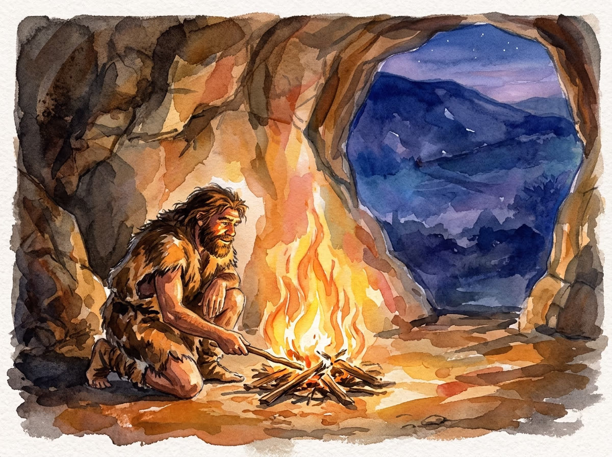 A watercolor of a caveman crouched by a bonfire inside a cave, with the night mountains through the opening