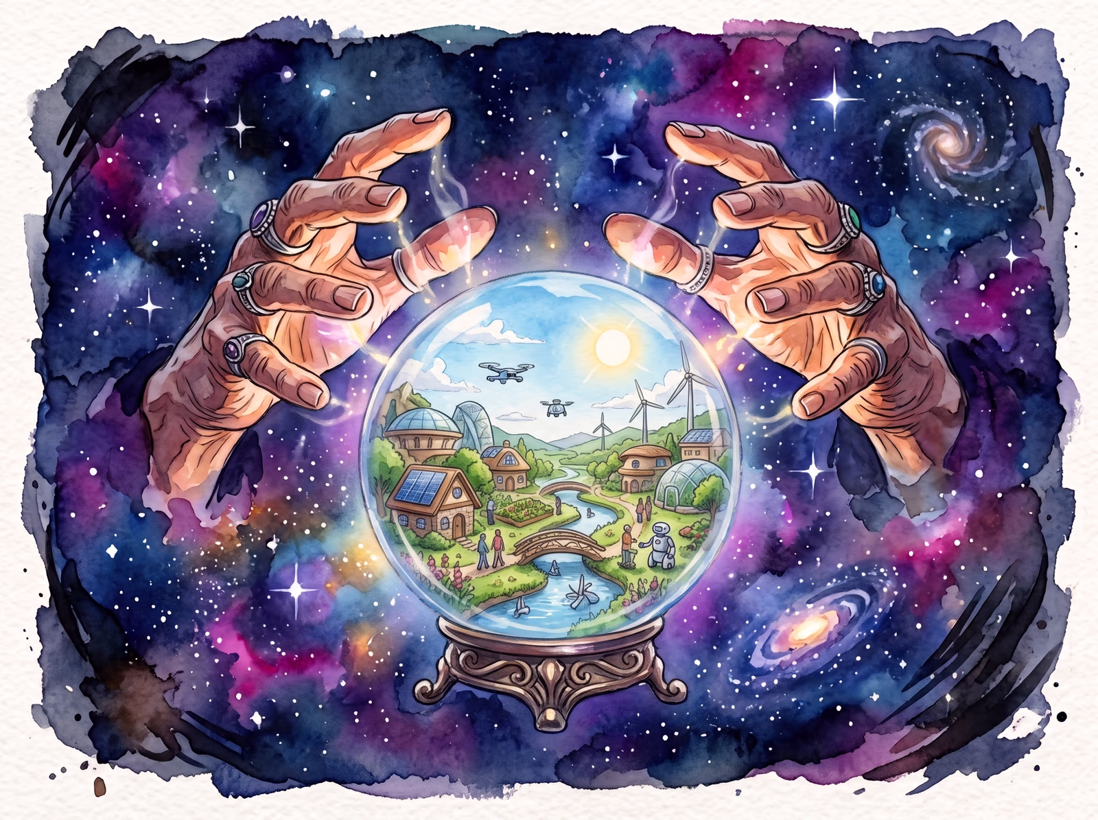 A watercolor of two hands with rings over a crystal ball in the middle of a galaxy; inside, a green village with solar panels, wind turbines, drones and a robot strolling by a river